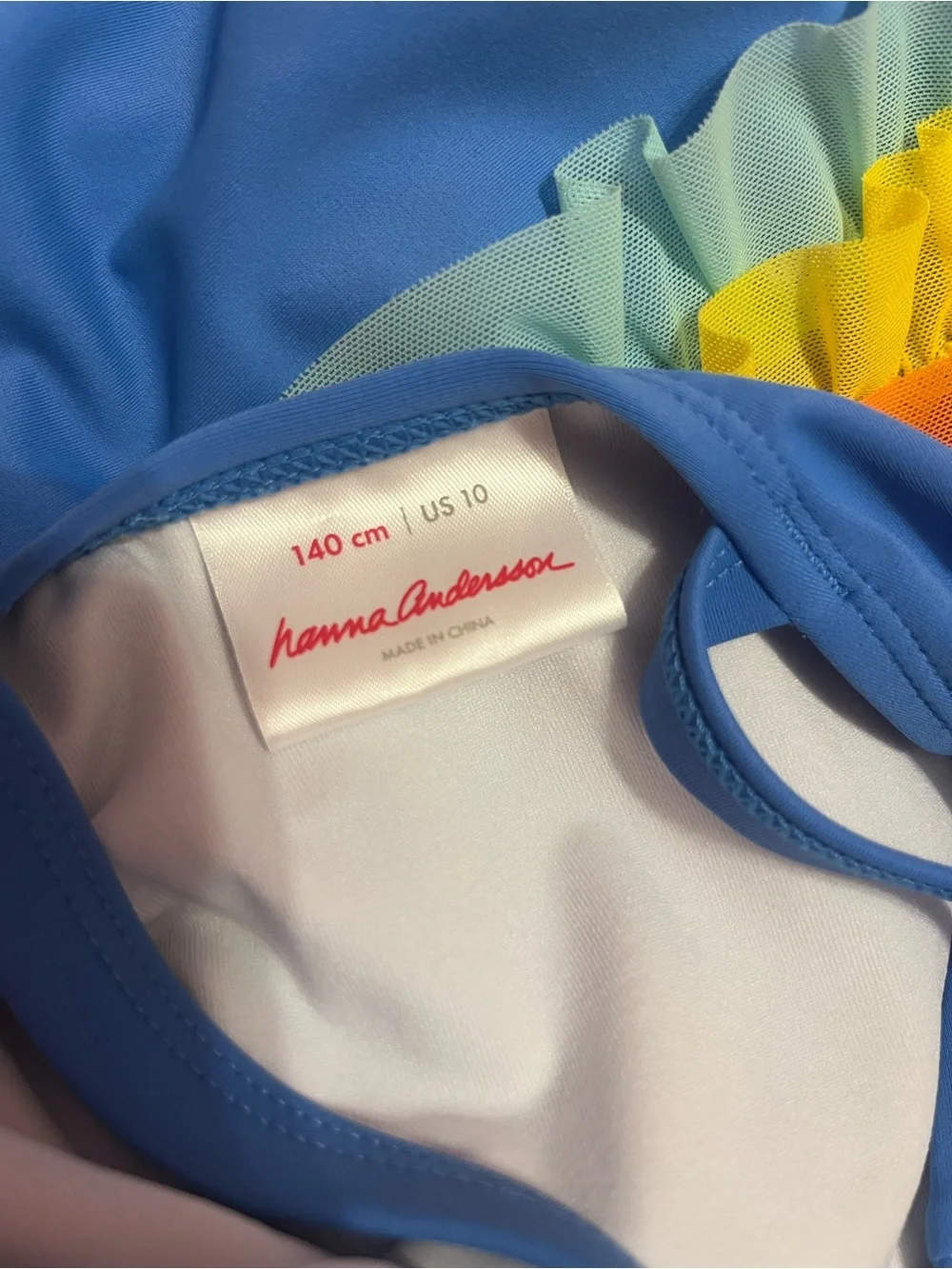 Hanna Andersson Blue Girls One-Piece Swimsuit with Rainbow Ruffles